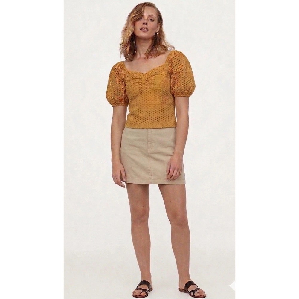 H&M Women Eyelet Boho Cottagecore Festival Blouse Puffed Sleeves Yellow Sz XXS